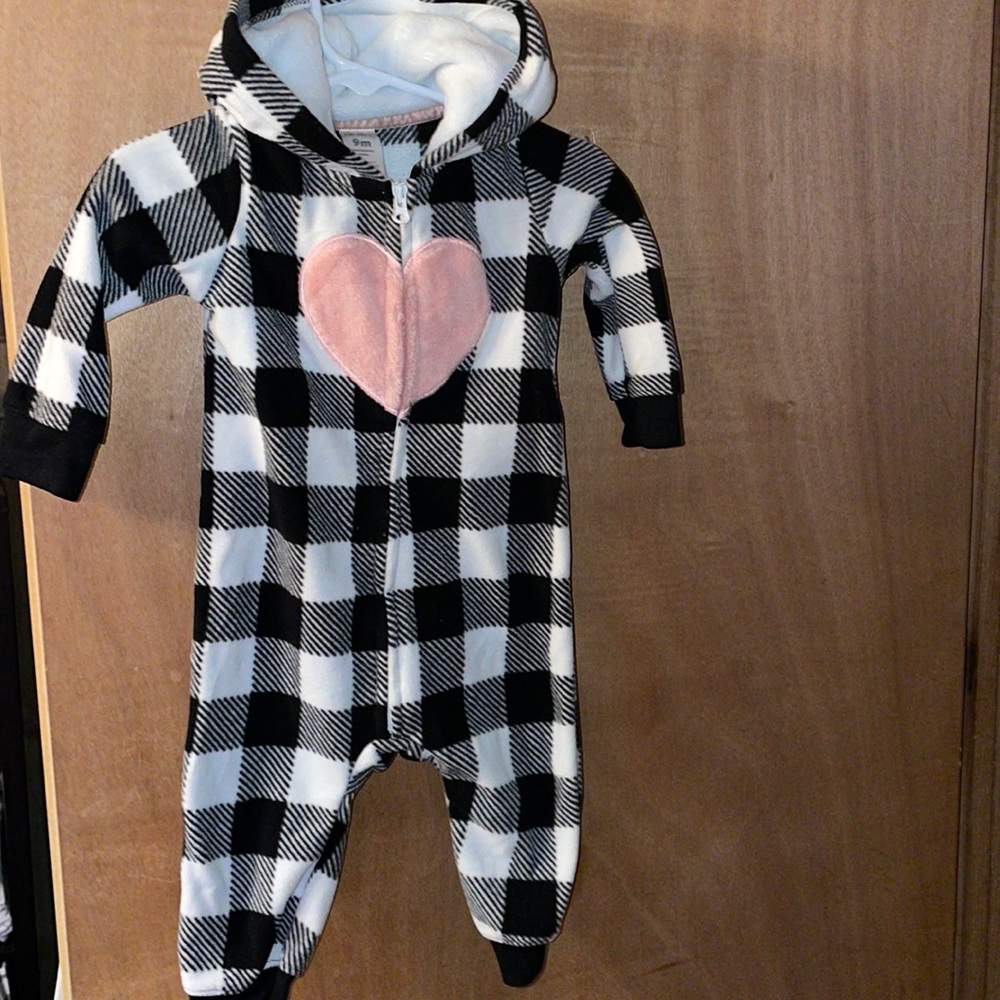 Carter’s nine month checkered, black and white with pink heart fleece onesie